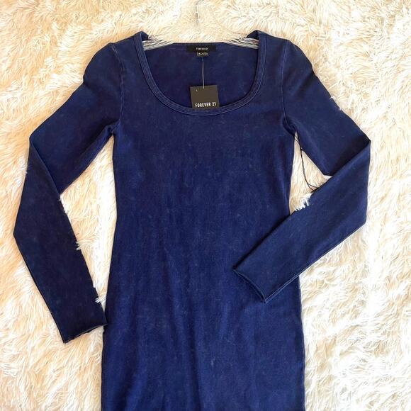 Forever‎ 21 Mini Bodycon Dress Womens S Navy Y2K Soft Grunge Stretch Raw Hem NWT - Picture 3 of 10